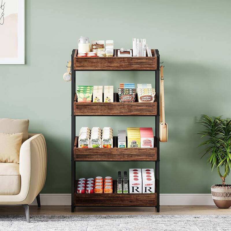 30Inches 4-Tier Retail Display Rack with Hooks,Tall Metal Snack Stand with Shelves,Chip & Concession Organizer-Heavy-Duty Frame