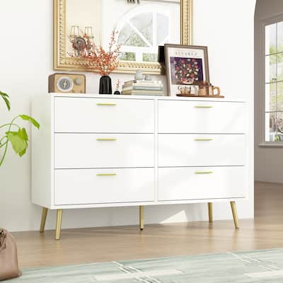 6-Drawer Double Dresser with Gold Accents Bedroom Storage Solution