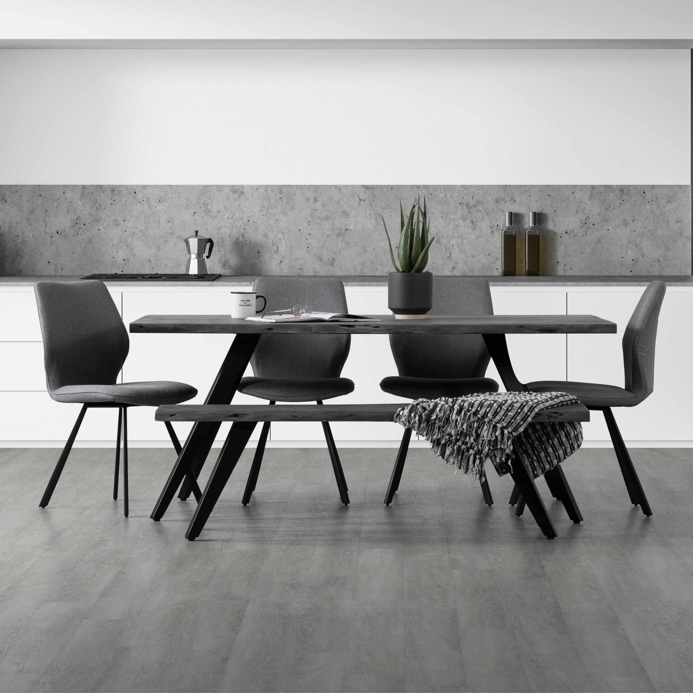 Wexford 70 in. Grey Acacia Solid Wood Rectangle Dining Table w Black Angled Legs Seats 6