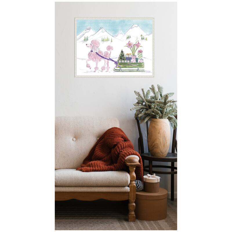 Kate and Laurel Sylvie Beaded Pink Poodle and Present Sled Framed Canvas by Patricia Shaw