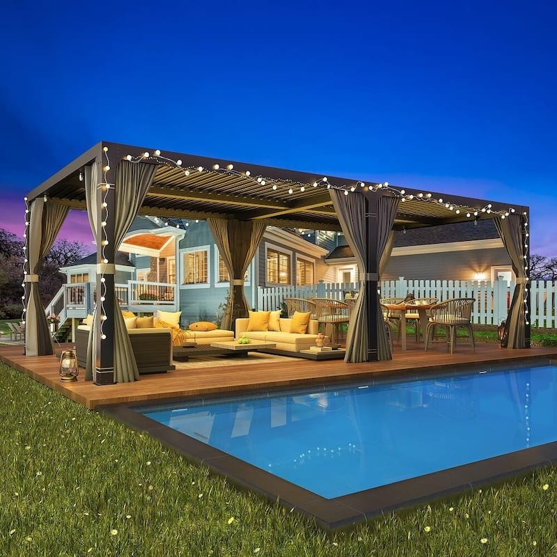 Outdoor Louvered Pergola with Optional Winter Cover – Adjustable Hardtop Gazebo, Steel Frame - 12x20 ft - Black