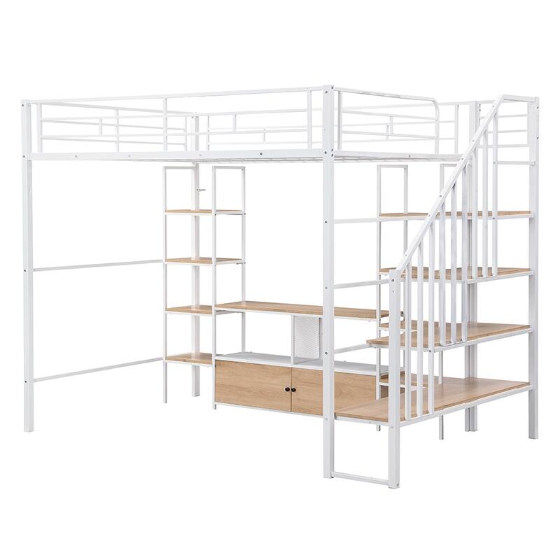 Full Size Metal Loft Bed with Storage Staircase & Work Table (250lb Capacity)