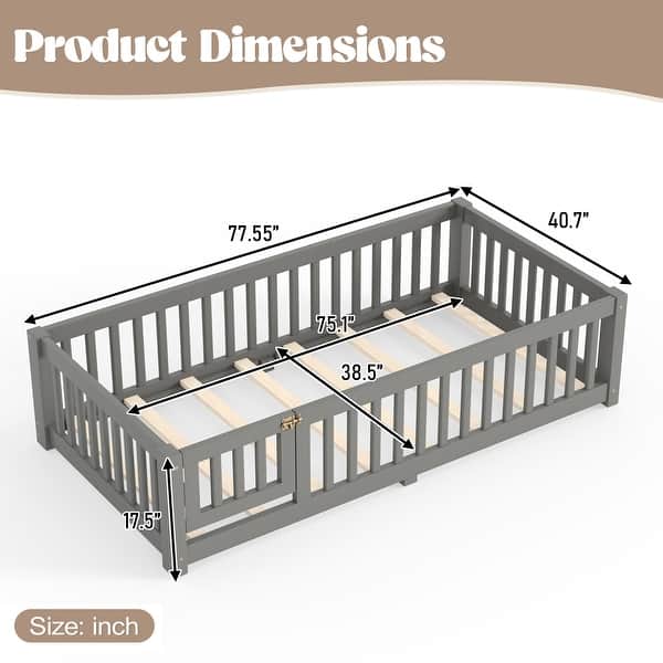 dimension image slide 7 of 16, Wood Floor Bed with Safety Guardrails and Door
