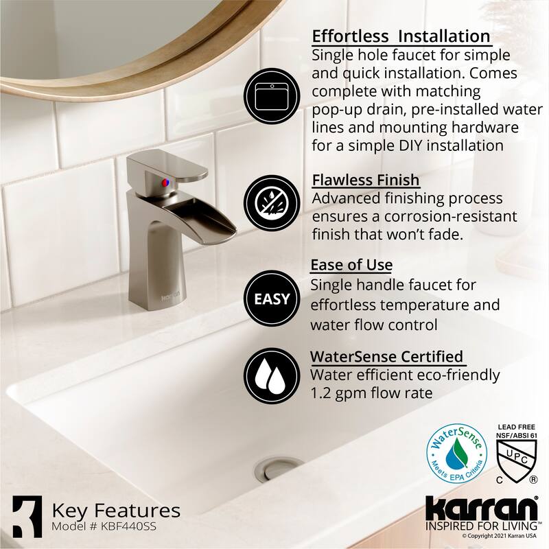 Karran Kassel Single Hole Single Handle Basin Bathroom Faucet with Matching Pop-up Drain