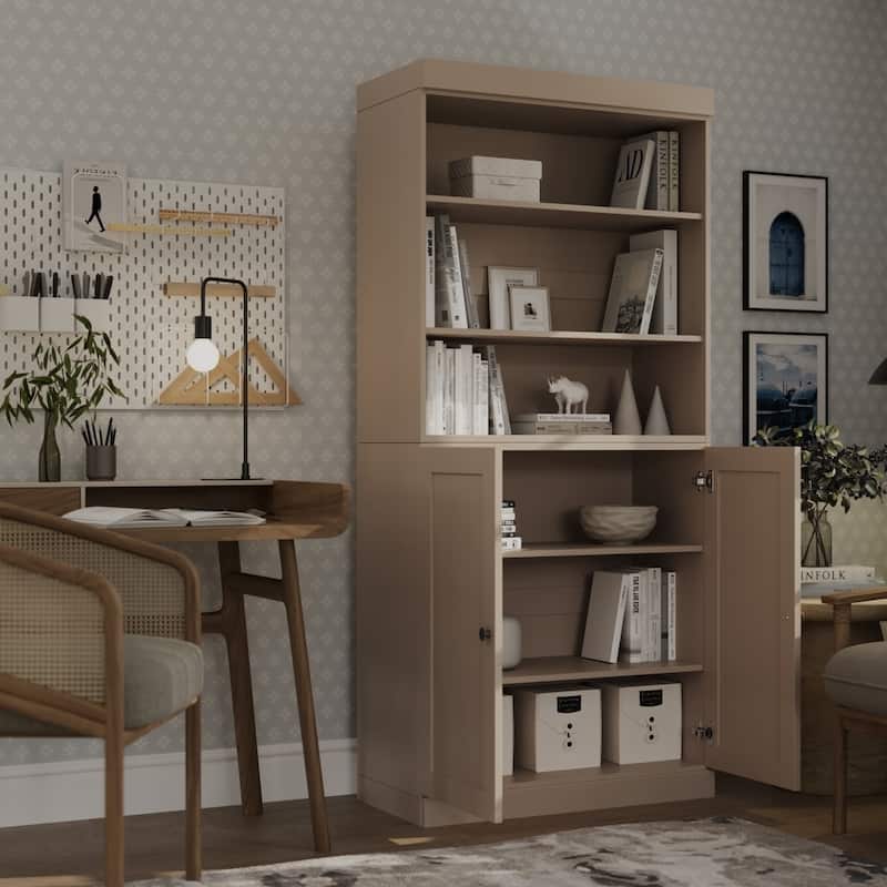 Solid Wood Tall Bookcase with Doors, Adjustable Shelves, Modular Storage, Open Display Bookshelf, 32" W x 71.5" H - Beige