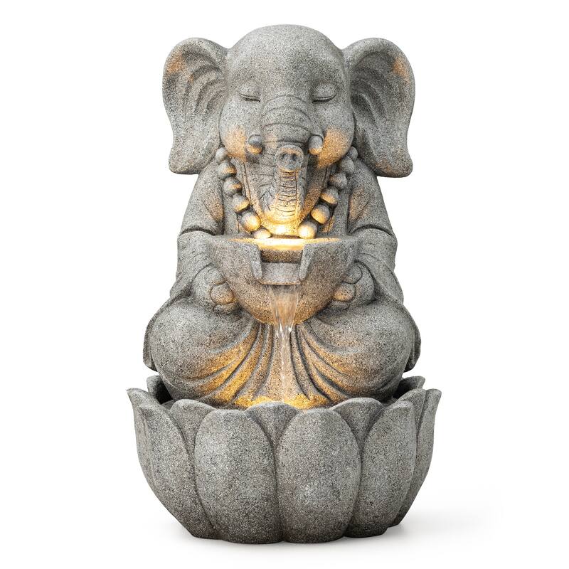 Glitzhome 21.75"H 2-Tiered Lighted Zen Style Frog Elephant Hippo Polyresin Outdoor Fountains - Grey - Elephant