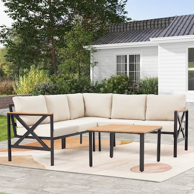 EROMMY 6-Piece Patio Sectional Furniture Set, Outdoor Metal L-Shaped Sofa with Faux Wood Coffee Table and Thick Cushions
