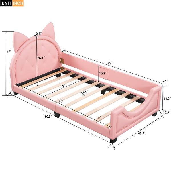 Pink Twin Size PU Leather Upholstered Daybed with Carton Ears Shaped Headboard, Nailheads Decoration