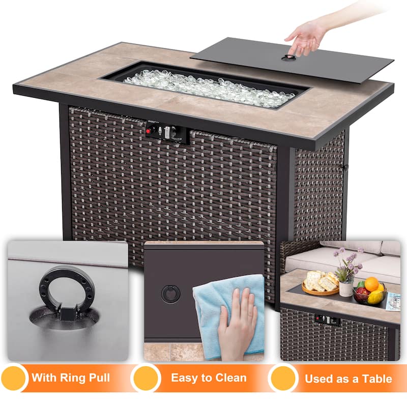 Nuu Garden Outdoor 43-inch 50,000 BTU Propane Gas Fire Pit Table, Ceramic Tabletop and PE Rattan Weaved Iron Frame