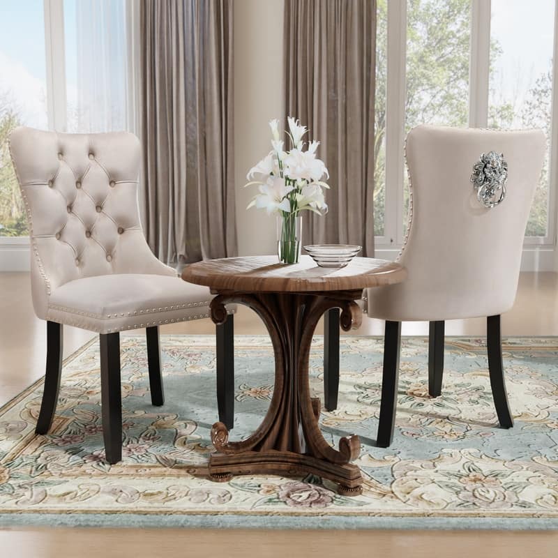Solid Wood Velvet Upholstered Dining Chair Set of 2 - Beige
