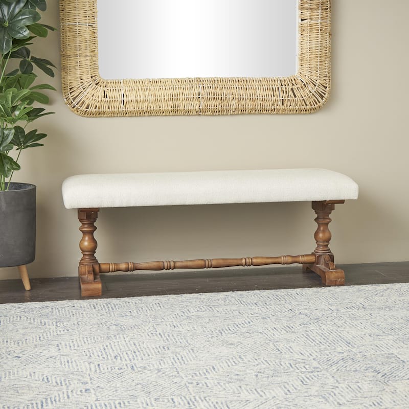 Fabric Home Bench with Brown Turned Legs - Cream - Roche River Decor