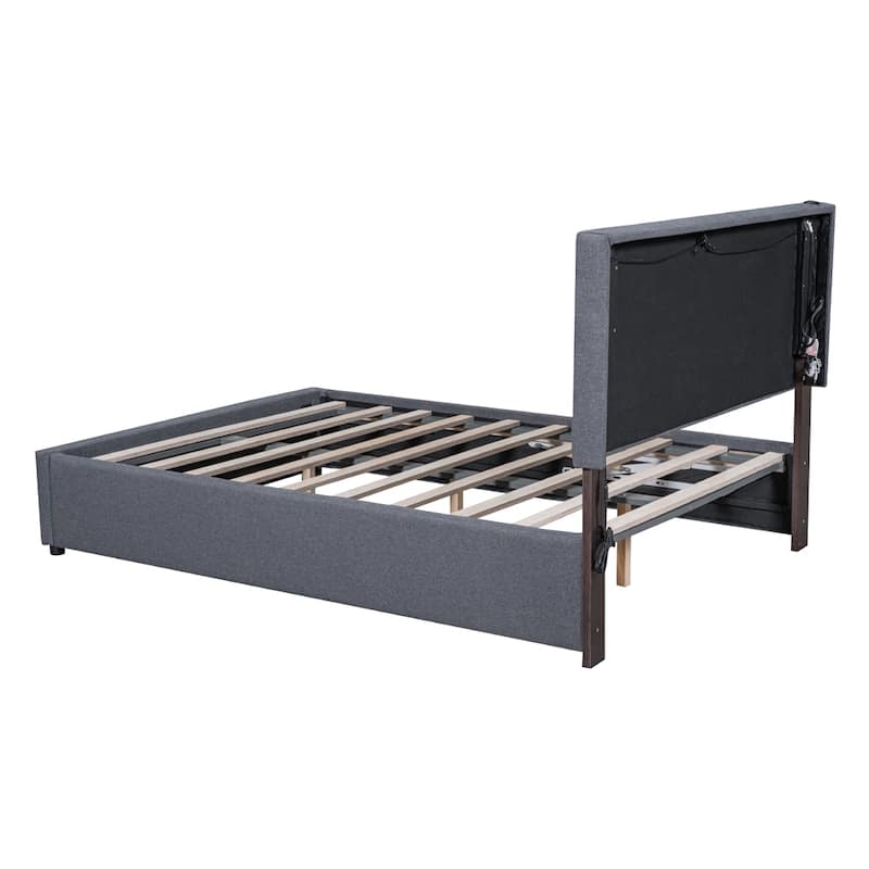 Queen Size Upholstered Bed with Hydraulic Storage System and LED Light