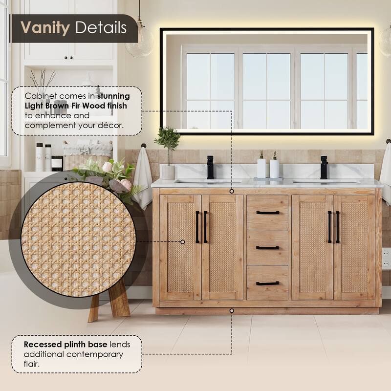 Floral Single Bathroom Vanity in Light Brown with Calacatta White Quartz Countertop without Mirror