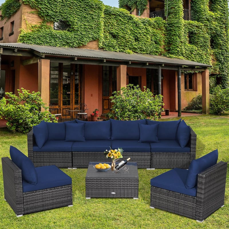 Patio Rattan Furniture Set Sectional Sofa Garden Cushion - 7 Pieces - Armless Sofa: 29" x 25.5" x 24"