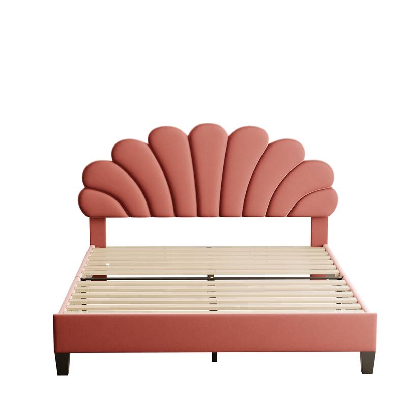 Upholstered Platform Bed with Flower Pattern Headboard