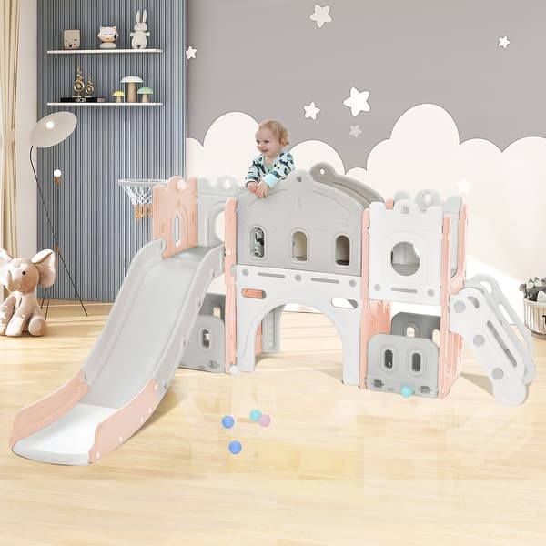 slide 2 of 39, Kids Freestanding Slide Climber Play House for Indoor Outdoor Playground Activity - 6”L x 6.2”W x 3.5”H Pink-Grey