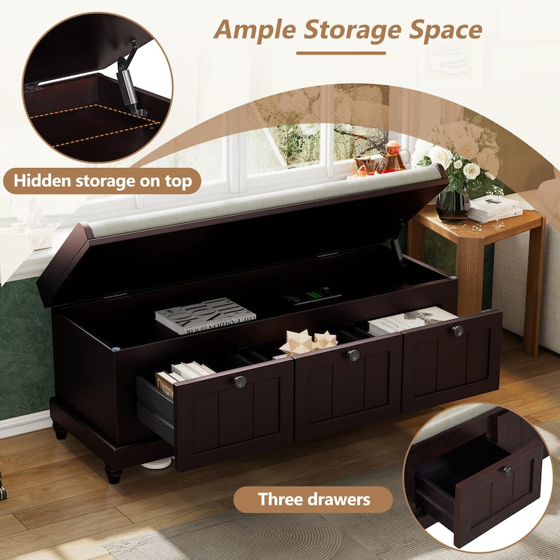 Classic Entryway Shoe Bench with Cushion & Three Storage Drawers, Fluted Design for Hallway, Living Room or Foyer