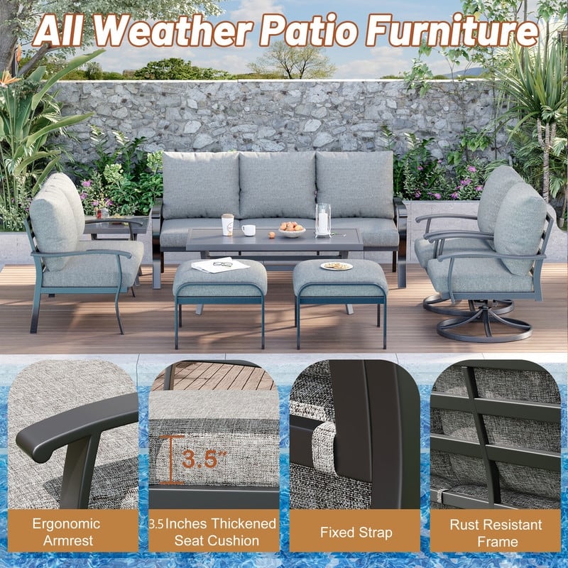 EROMMY Patio Set: 360° Swivel Rockers, Sofa, Ottomans & Table – Outdoor Conversation Set for Poolside, Garden & Deck