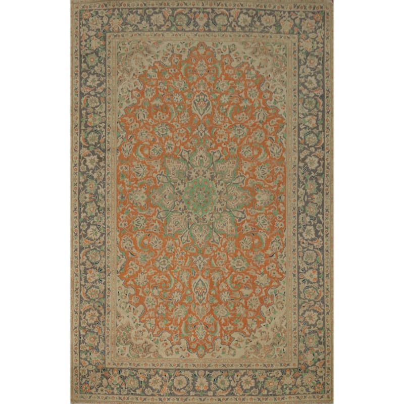 Hand Knotted Oriental 100% Wool Carpet Traditional Floral Oranges & Rust Tabriz Area Rug - 11' 1'' X 8' 1''