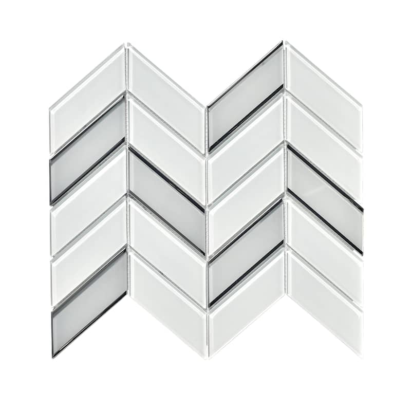Chervon Glass Mosaic Wall Tiles - Case (10 Sheets) - White with Silver