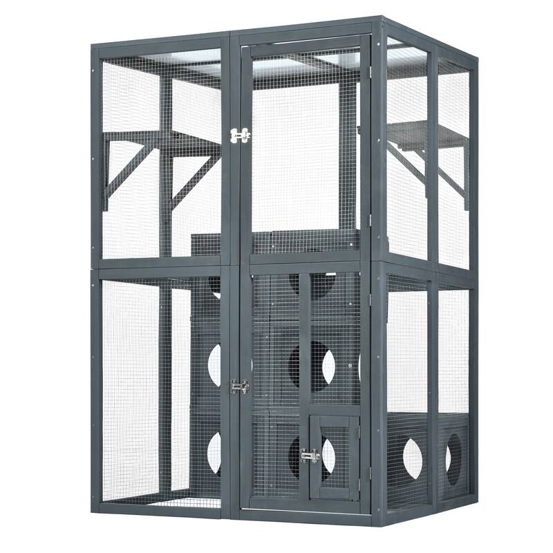 Catio Outdoor Cat Enclosure, Wooden Cat House with Double Enter Doors & Climbing shelves, Cat Cage Playpen with 7 Wood Boxes