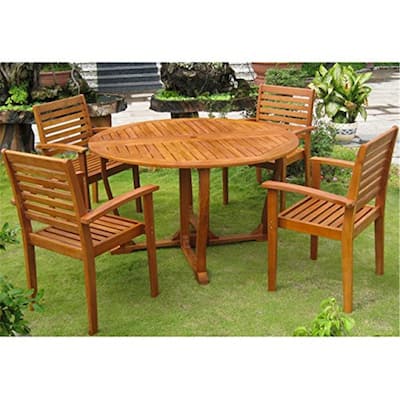 Outdoor Dining Set Balau Wood Table & Chairs - 51" Round Patio Furniture Set for 4