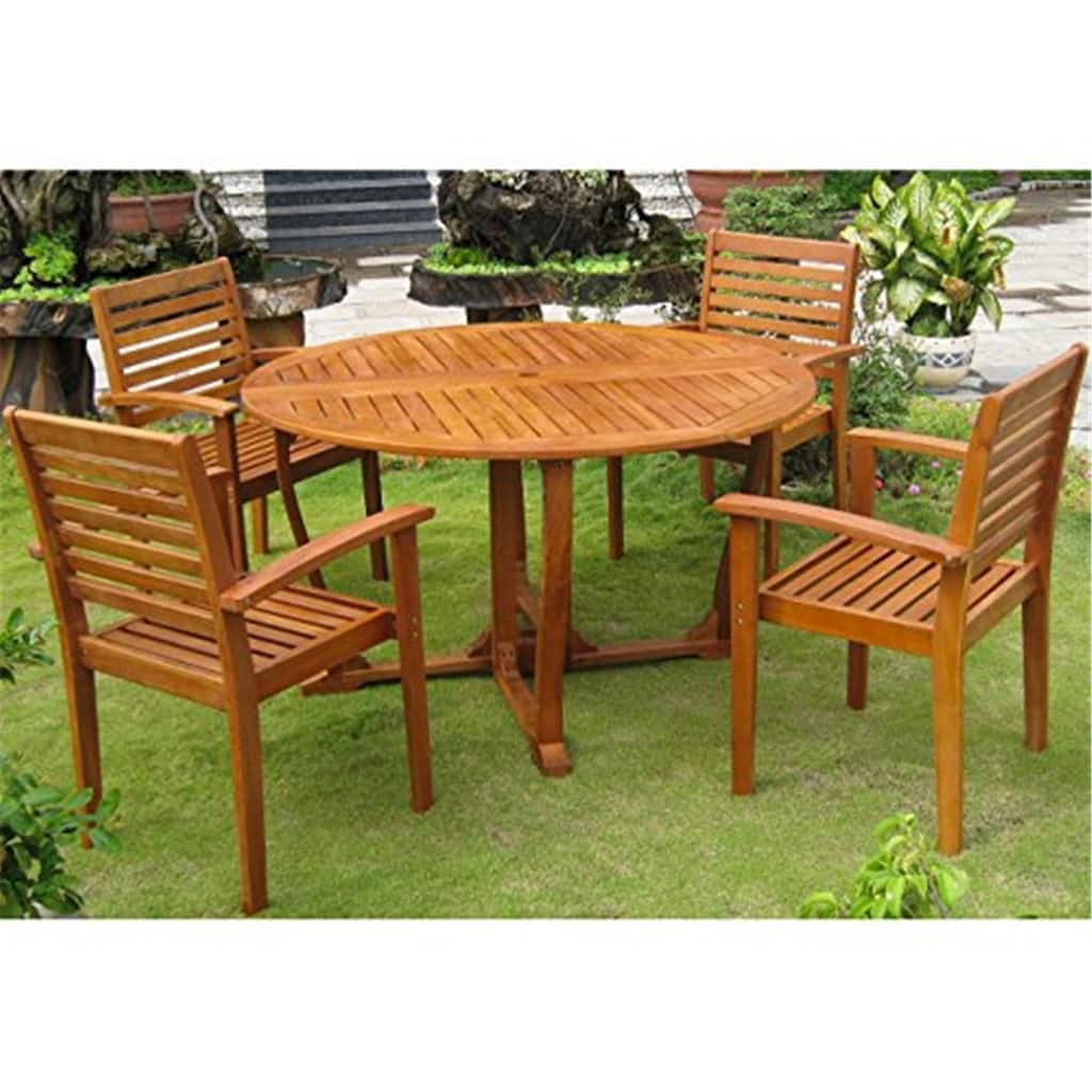 Outdoor Dining Set Balau Wood Table & Chairs - 51" Round Patio Furniture Set for 4
