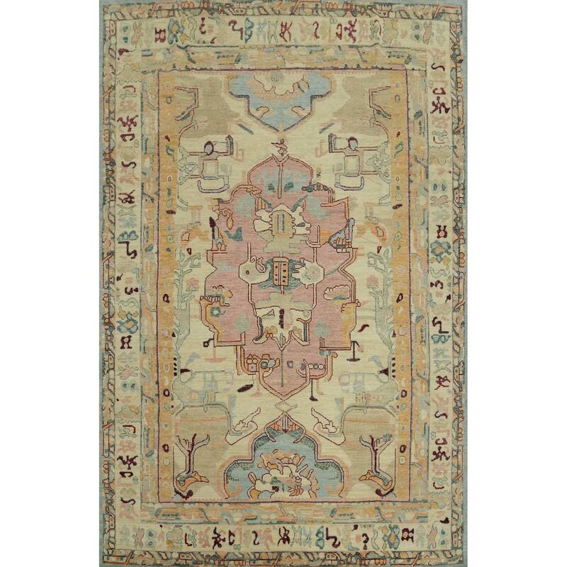 Vegetable Dye Wool Oushak Turkish Area Rug, Medallion Geometric Carpet - 12' 1'' X 9' 0''