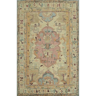 Vegetable Dye Wool Oushak Turkish Area Rug, Medallion Geometric Carpet - 12' 1'' X 9' 0''