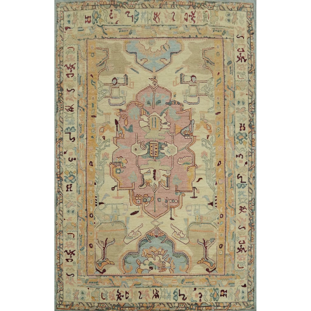 Vegetable Dye Wool Oushak Turkish Area Rug, Medallion Geometric Carpet - 12' 1'' X 9' 0''
