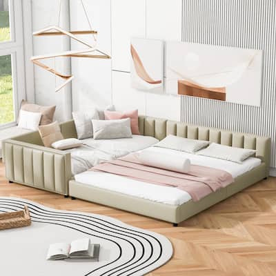 Queen Size & Twin XL Size Upholstered Platform Bed with Headboard, PU Leather Mother & Child Grounded Bed Floor Montessori Bed