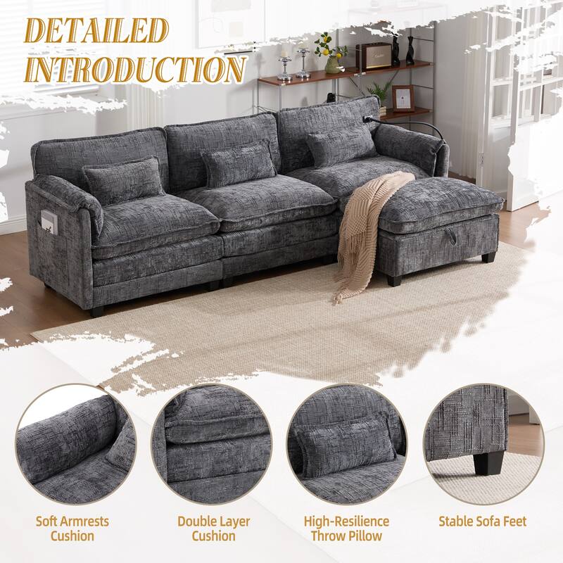 Modern Chenille Chaise Couch L-shaped Sectional Sofa with Storage Ottoman, Phone Holder, USB/Type-C Ports and Side Pockets