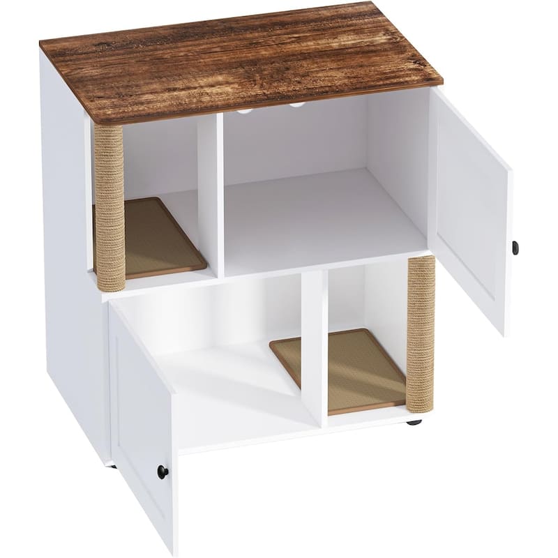 Double Cat Litter Box Enclouse with Scratch Post and Litter Mat