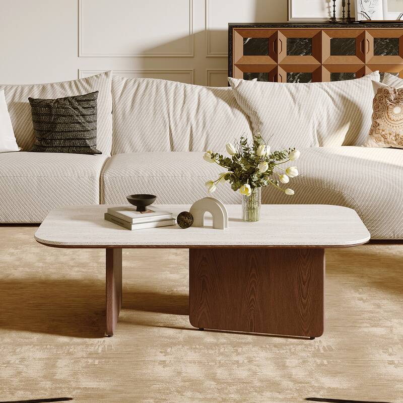 Mid Century 51.18" Coffee Table, Beige Sintered Stone Table Top, 3 Solid Wood Legs, Brown