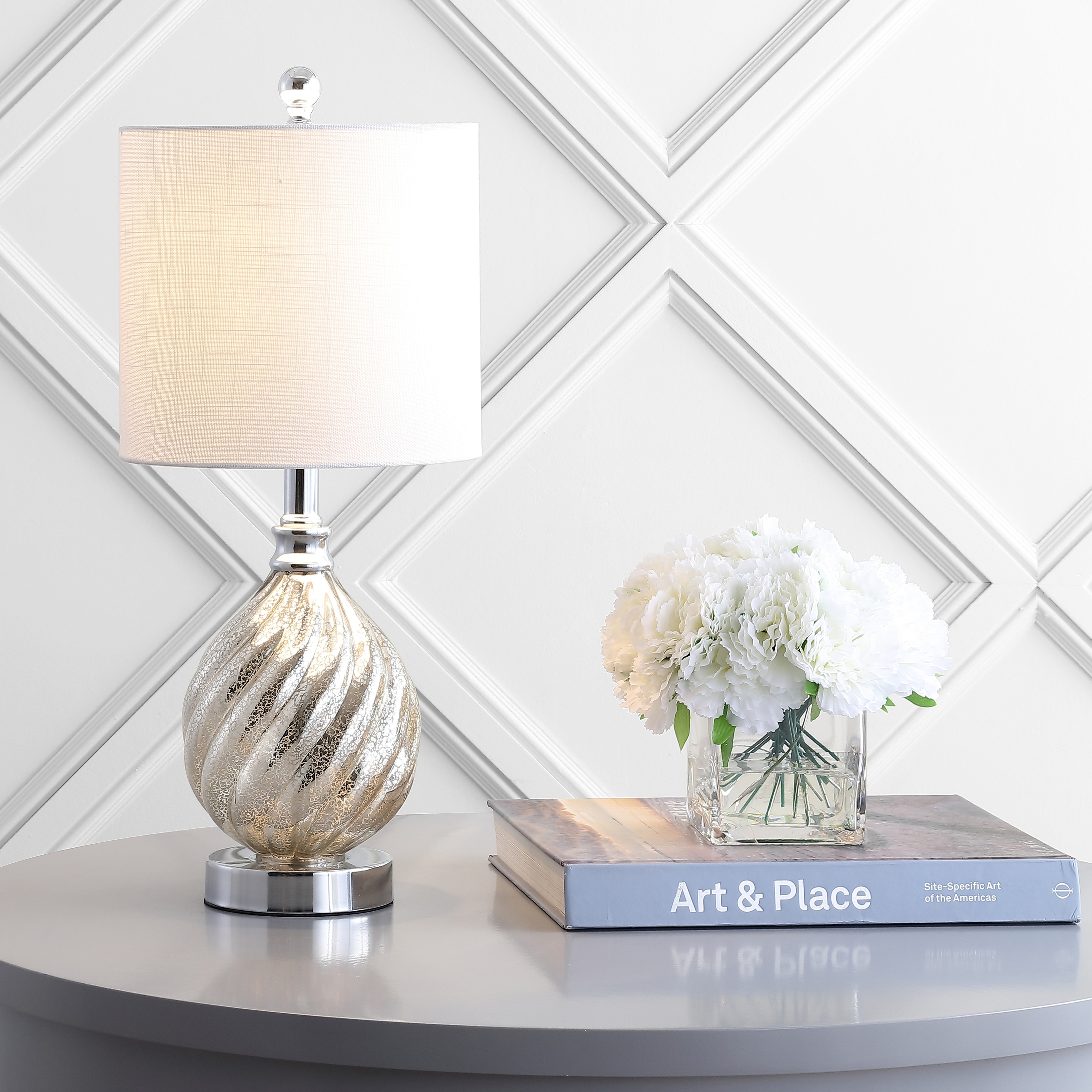 JONATHAN Y Lawrence 20.5" Glass/Metal LED Table Lamp, Mercury Silver