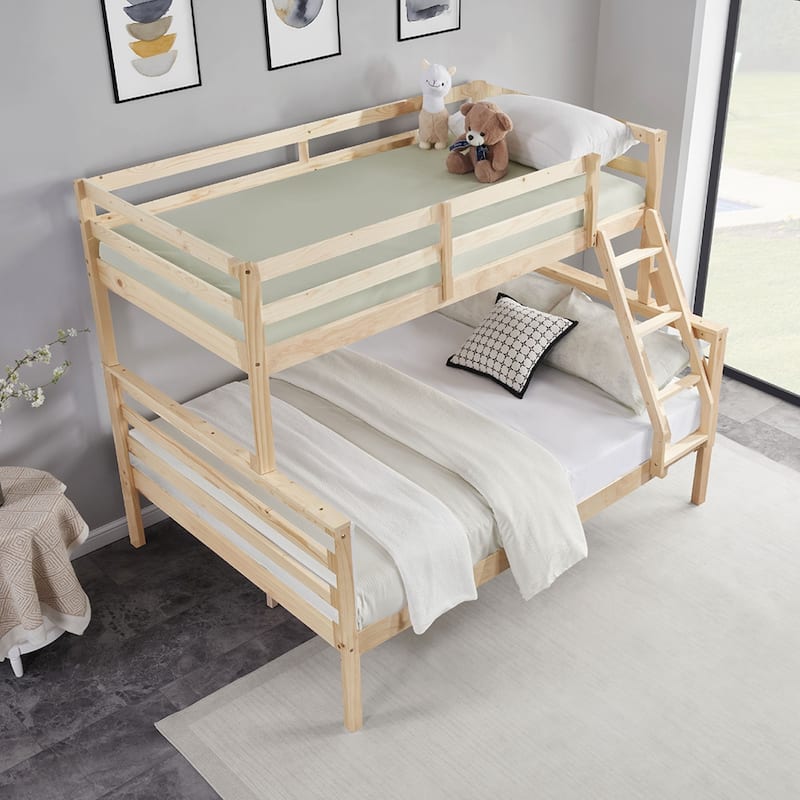 Twin Over Full Bunk Bed,Solid Wood Frame,High Guardrail,Safe for Kids