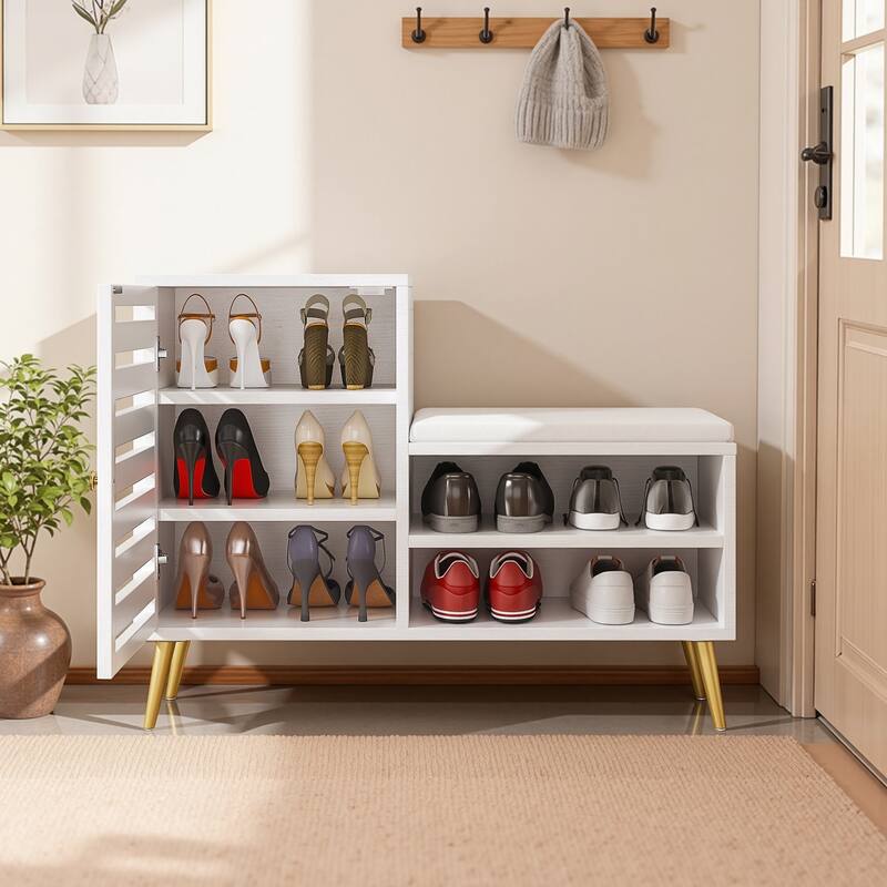 Javlergo L-Shaped Entryway Bench with Shoe Storage PU Cushion & Magnetic Shutter Door Hall Bench with Gold Legs for Living Room