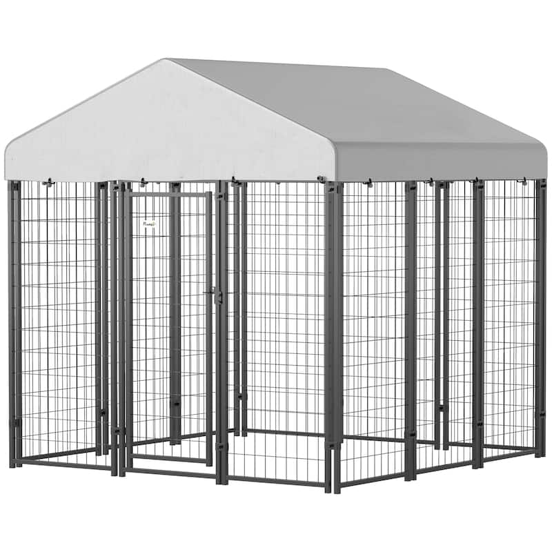 Silver-Black Steel Outdoor Dog Kennel with PE Cover and Large Area - 70.8" W x 70.8" D x 72" H - Silver-Black