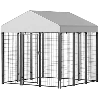 Silver-Black Steel Outdoor Dog Kennel with PE Cover and Large Area - 70.8" W x 70.8" D x 72" H