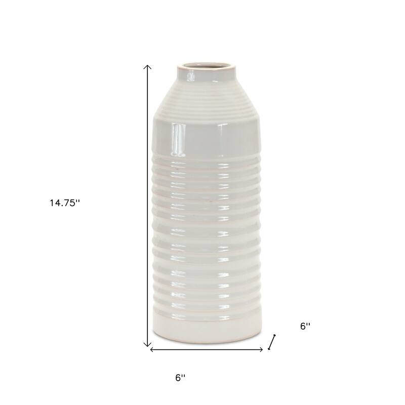White Terracotta Cylinder Vase 15 Inch Ribbed Table Decor
