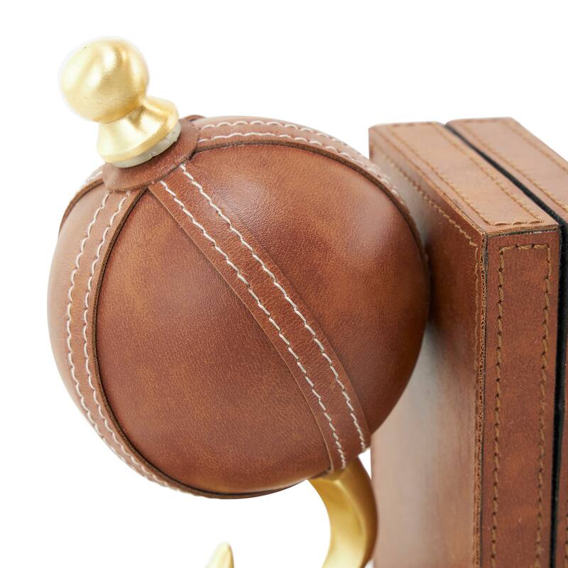 Brown Leather Handmade Stitched Globe Decorative Bookends with Brown Wood Base (Set of 2)