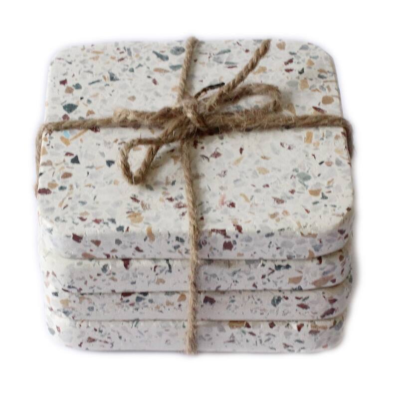 Set of 4 Terrazzo Square Coasters w/ Twine - White