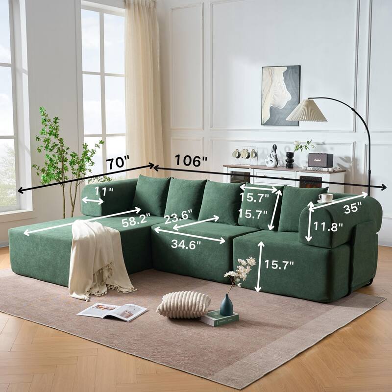 Modular Chaise Sectional Sofa, Convertible Velvet Compressed Couch with Removable Armrests, Iron Frames and Non-slip Pads