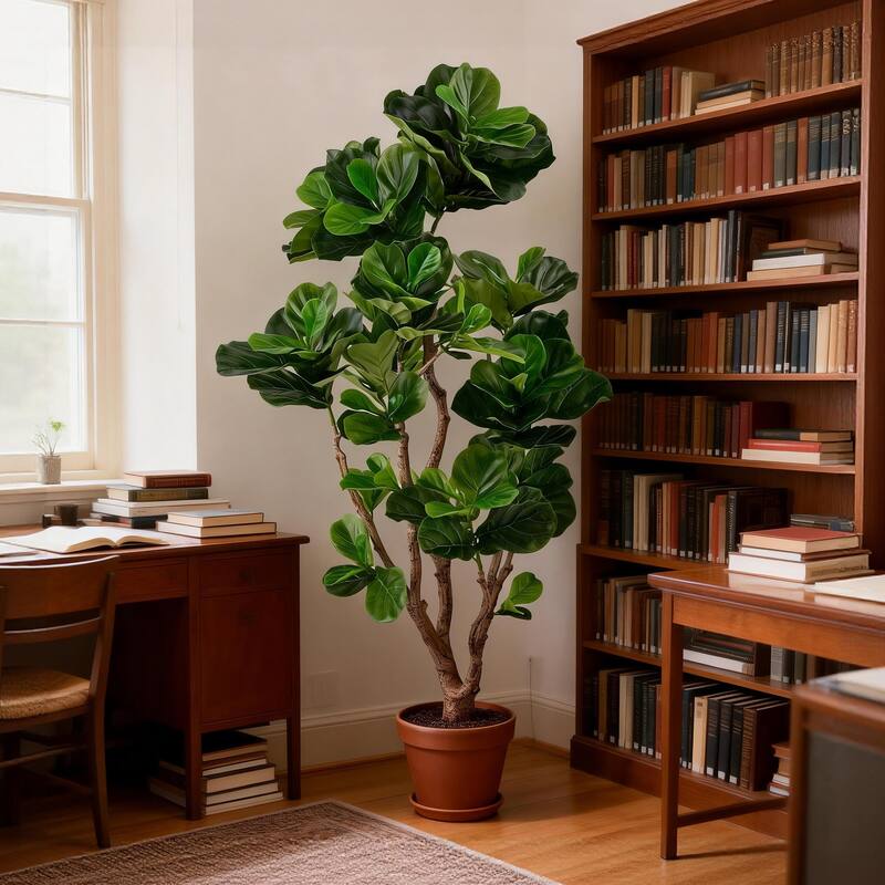 Artificial Fiddle Leaf Fig Tree - 2 Variants (4ft/5.75ft), Faux Green Plant in Black Plastic Pot, Indoor Low-Maintenance Decor