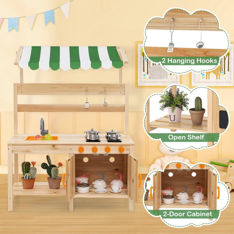 Gymax Kids Mud Kitchen Outdoor Wooden Pretend Play Kitchen w/ 4