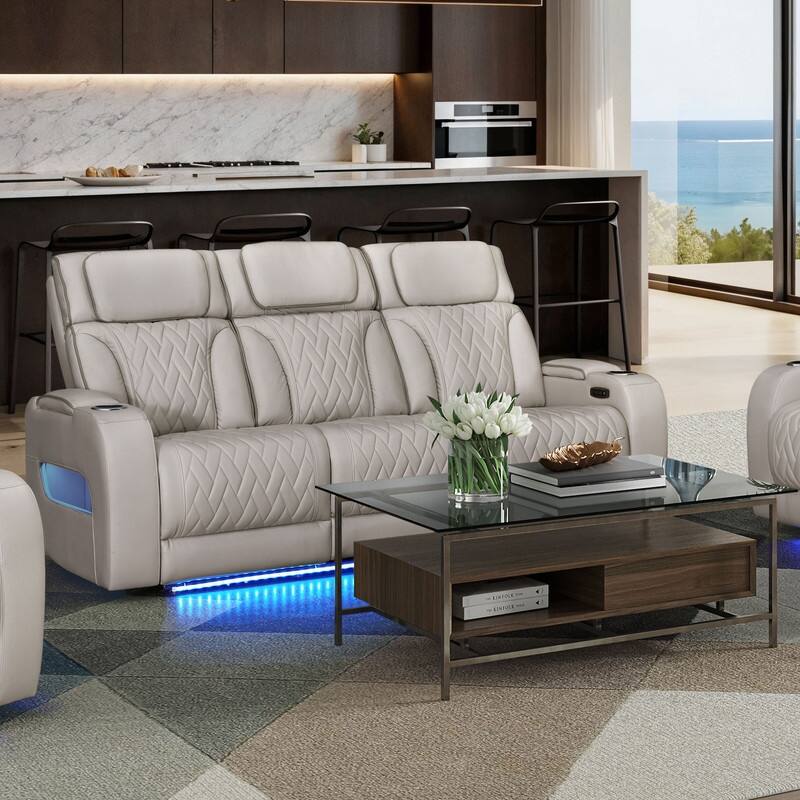 Jazz 84"W Leather Aire Power Reclining Sofa w/Power Headrest, LED, Wireless Charging Drop-Down Table, USB, Storage & Cupholders