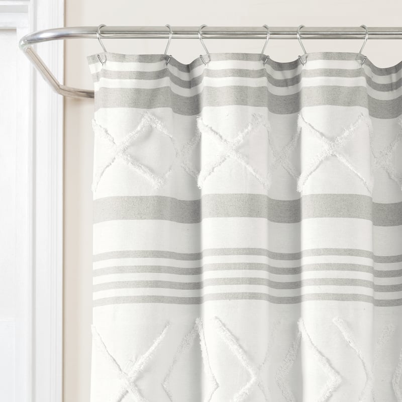 Lush Decor Urban Diamond Stripe Woven Tufted Eco-Friendly Recycled Cotton Shower Curtain Single