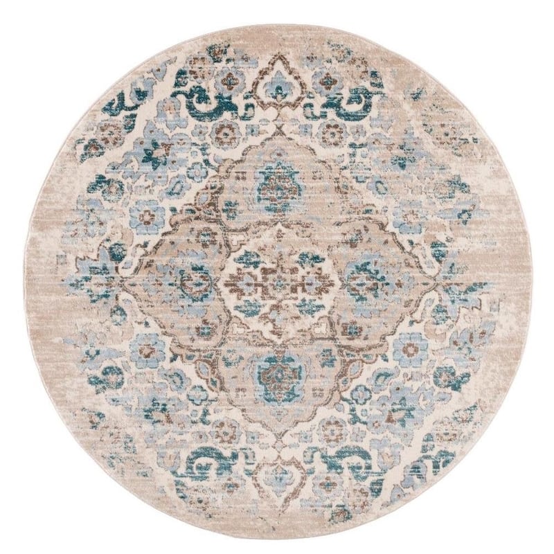 Distressed Oriental Cream Round Area Rug - 6' Round