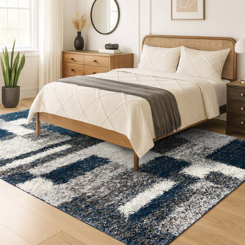 World Rug Gallery Distressed Modern Boxes Plush Shag Area Rug