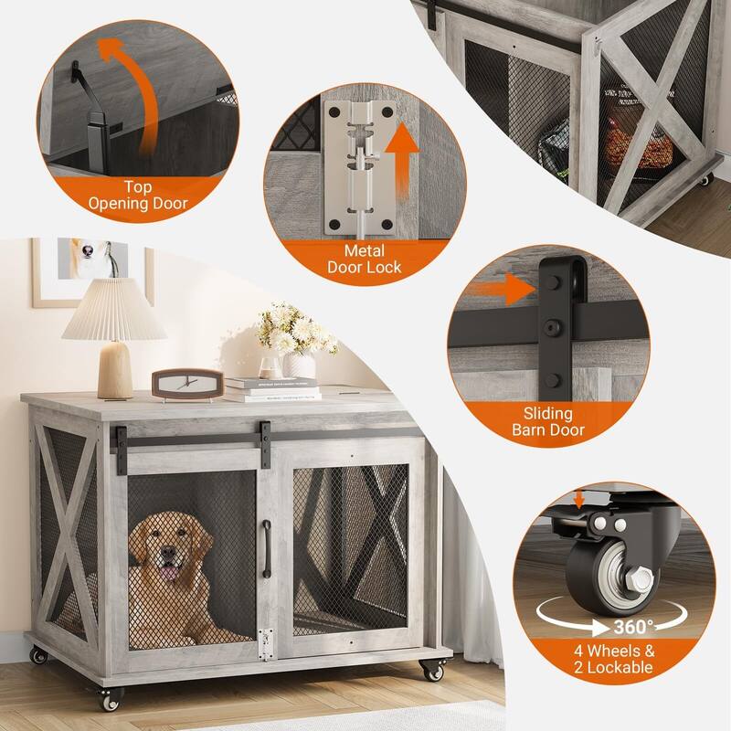 Dog Crate Furniture with Sliding Barn Door,Flip Top Furniture Style Dog Crate End Table with Wheels